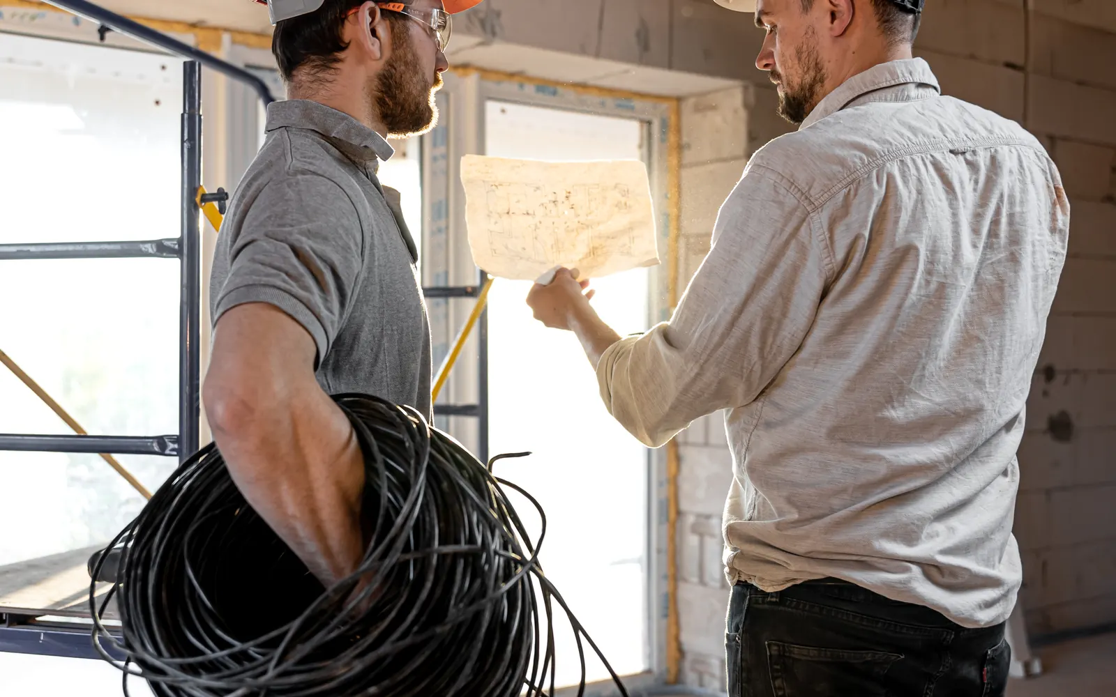 Bauleiter und Monteur besprechen den Trassenplan auf der Baustelle